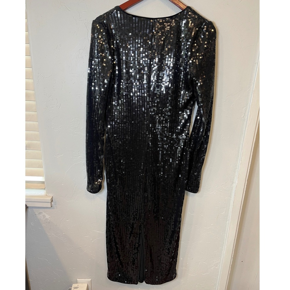 Good American Black Sequin V-Neck Midi Dress Long Sleeve GDW0130 Size 2 - Picture 3 of 11